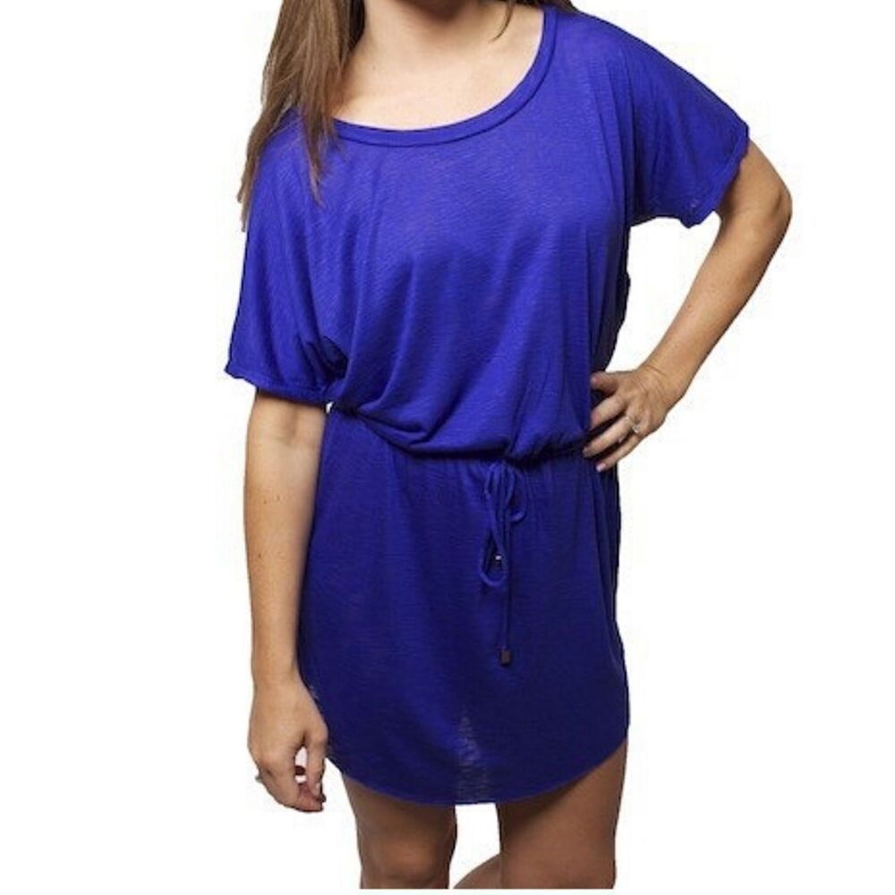 Elan Womens Drawstring Waist Slub Rayon Blouson T-shirt Dress Blue Medium NWT